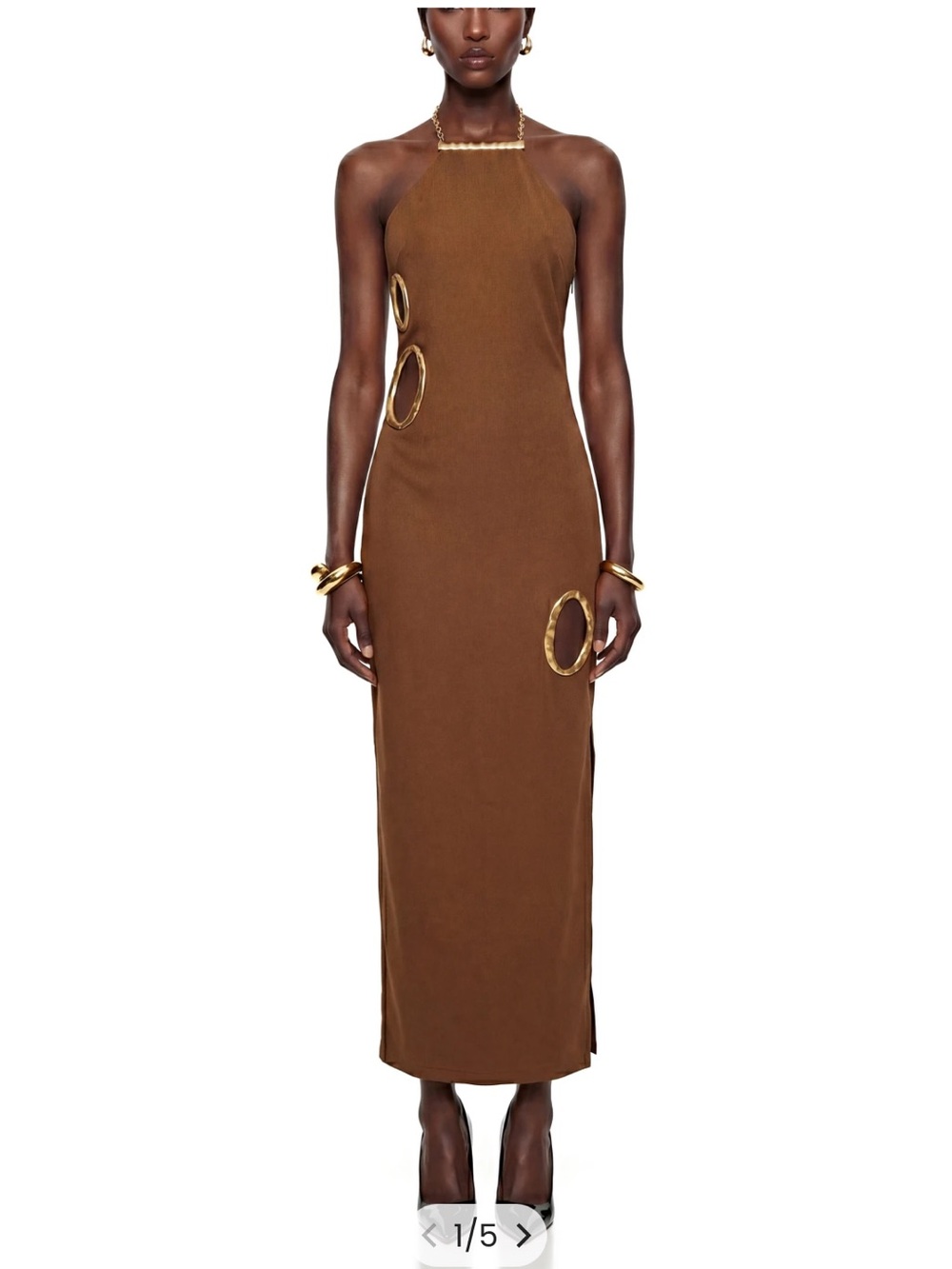 Brown Halter Maxi Dress with Gold Ring Details
